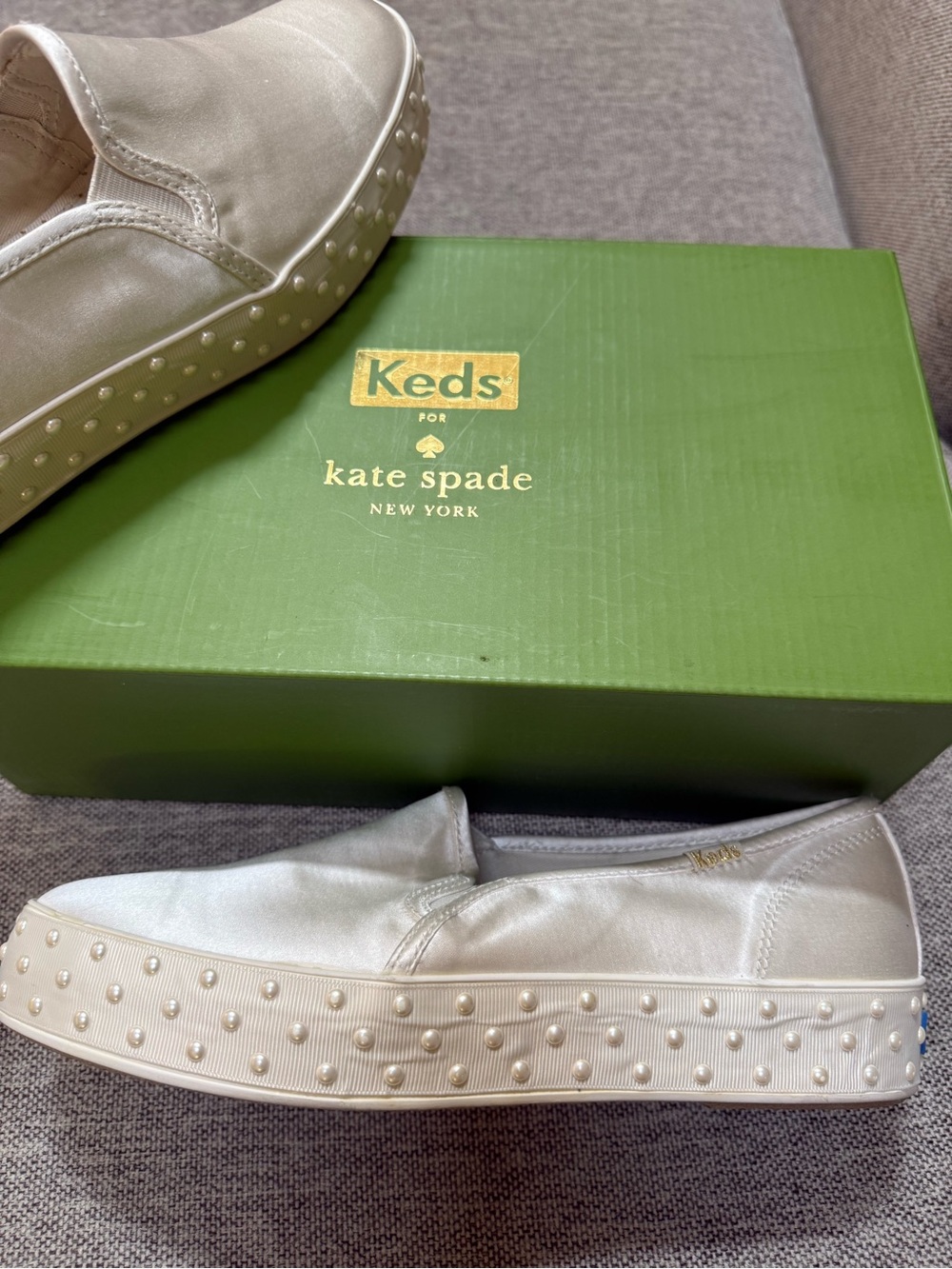 Keds for Kate Spade Pearl-Embellished Satin Slip-On Flats - Ivory